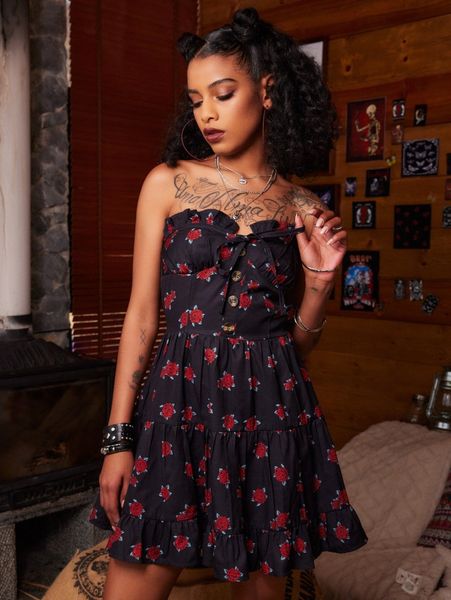 

romwe floral print button front frill dress x88a#, Black;gray