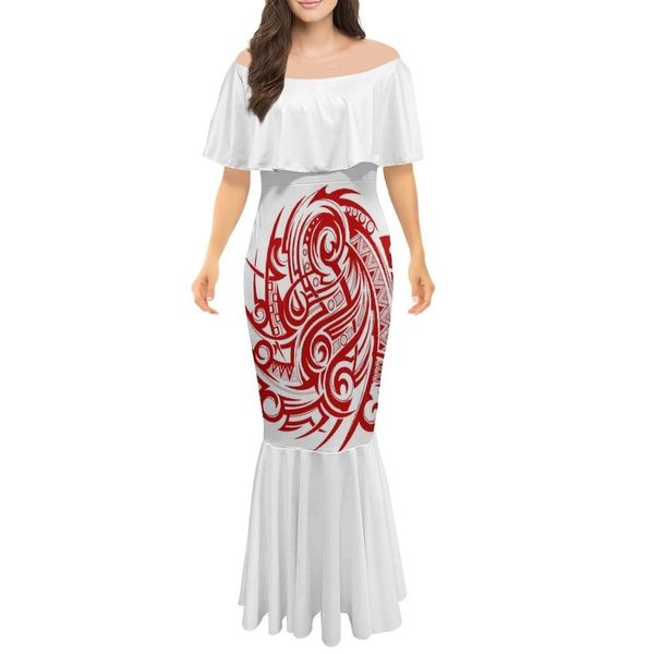 

sublimation print drape off shoulder mermaid dress polynesian tribal customized on demand trendy one shoulder fishtail dresses 220706, White