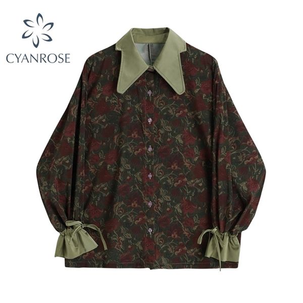 

autumn vintage style floral printing loose women's blouse shirt korean casual long sleeve ladies button blouses female 210412, White
