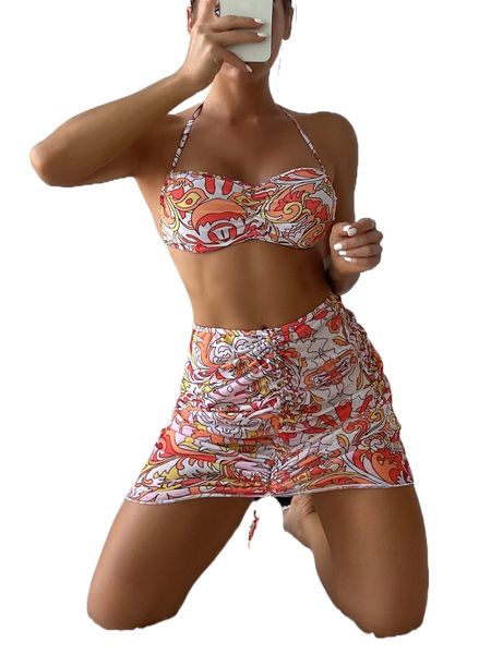 

allover print ruched halter bikini swimsuit with beach skirt t2bf#, White;black