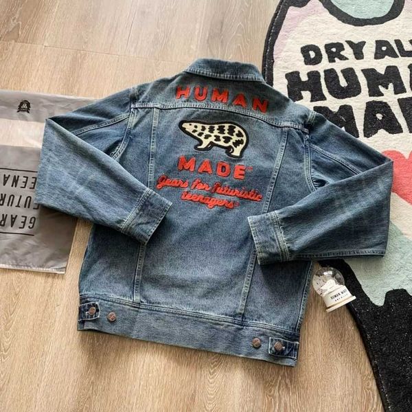 

human made embroidered polar bear spring and autumn couple washed vintage denim jacket, Black;brown