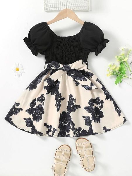 

little girl's printed bubble sleeve pleated belt dress she, Red;yellow