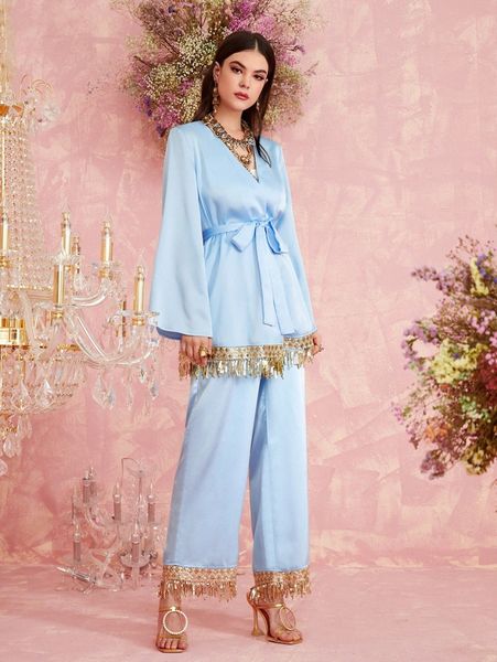 

sequin fringe hem belted coat and pants set without floral chain s2te#, White