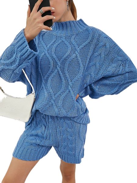 

mock neck drop shoulder sweater & cable knit shorts z8uq#, White;black