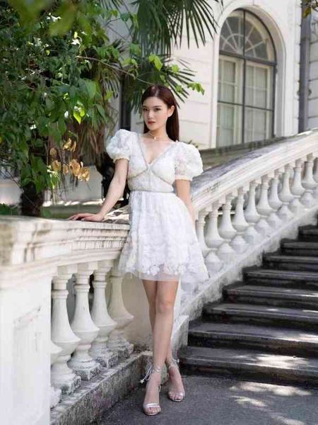 

casual dresses sp spring and summer sweet style v-neck bubble sleeve lace diamond three-dimensional flower dress female, Black;gray