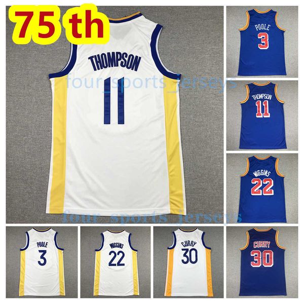 

new 75th 2022 basketball jerseys 30 stephen green 11 klay 22 andrew curry wiggins 23 draymond 3 poole thompson blue white, Black;red