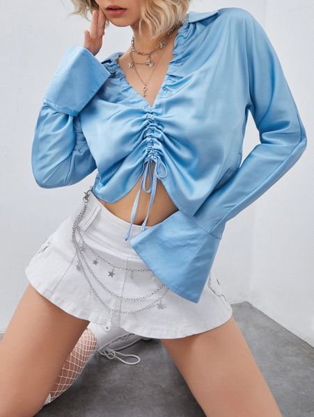 

drawstring split cuff crop satin blouse 348n#, White