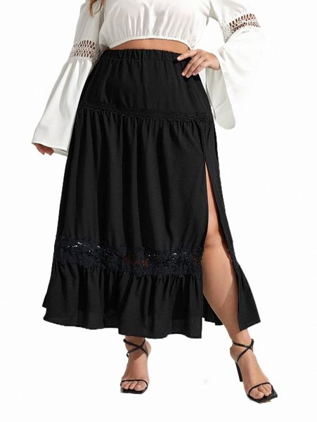 

plus contrast lace split thigh ruffle hem skirt k053#, Black