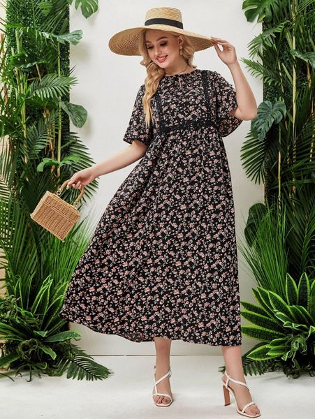 

plus ditsy floral guipure lace detail flutter sleeve dress q9il#, Black