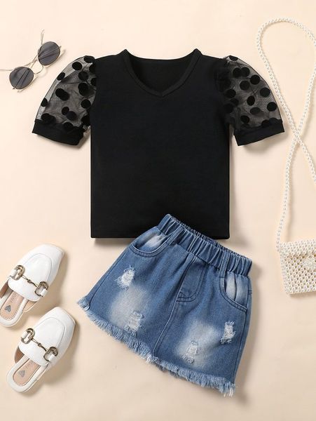 

toddler girls polka dot mesh puff sleeve tee & denim shorts she, White