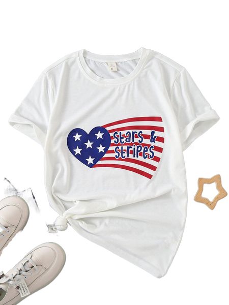 

1pc letter & flag print round neck tee k0e3#, White