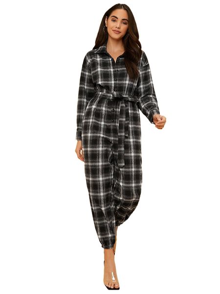 

petite tartan print button front belted jumpsuit 13yn#, Black;white