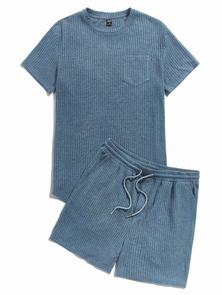 

men pocket patched tee & drawstring waist shorts p4om#, Gray