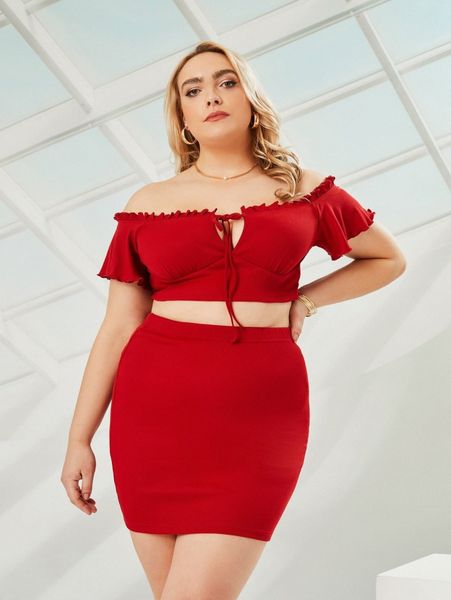 

plus frilled off shoulder tie front & bodycon skirt e12d#, Black