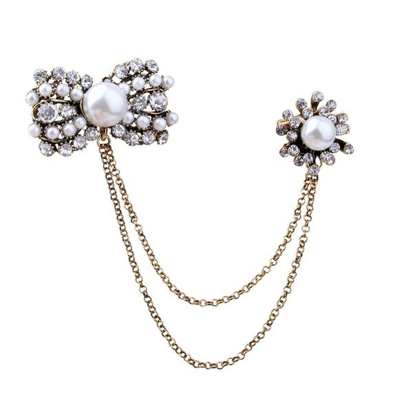 

retro rhinestone pearl brooch crystal bow tassel chain lapel pins and brooches for woemn sweater suit corsage fashion jewelry, Gray
