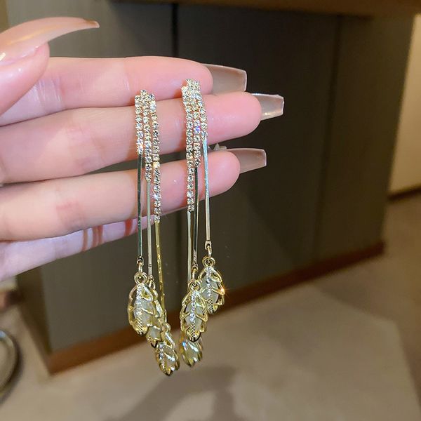 

silver stud rhinestone-encrusted leaf-shaped earring french bohemian design long tassel earrings personality affordable luxury earrings for, Golden