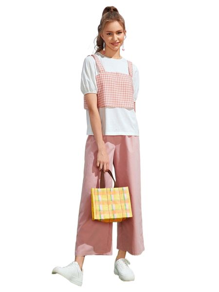 

puff sleeve plaid 2 in 1 & wide leg pants set h3ih#, White