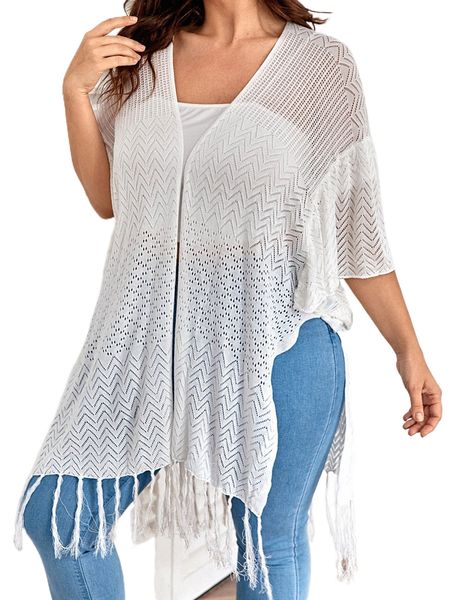 

plus drop shoulder tassel hem pointelle knit cardigan i1jr#, Black