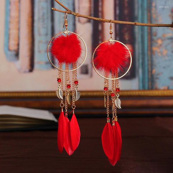 Baumelnde Ohrringe Kronleuchter Boho Rote Feder lang für Frauen Sommer Gypsy Jhumka Jhumki Kette Blatt Quaste handgemachte OhrringeDangle