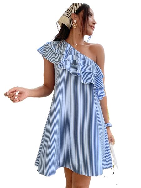 

striped layered trim one shoulder dress 16xb#, Black;gray