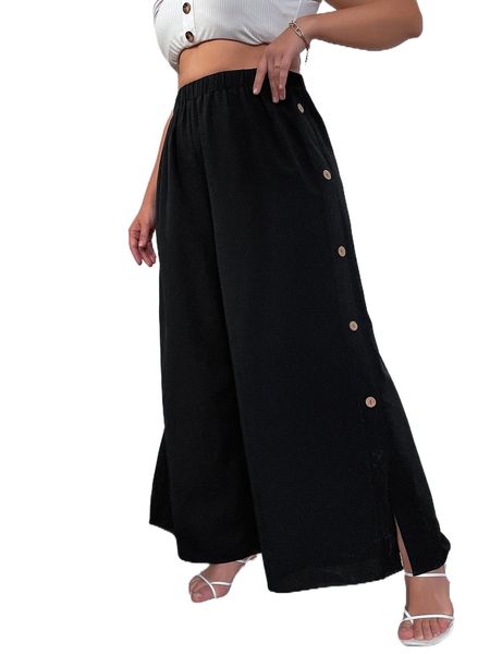 

plus button side slit hem wide leg pants e3nx#, Black