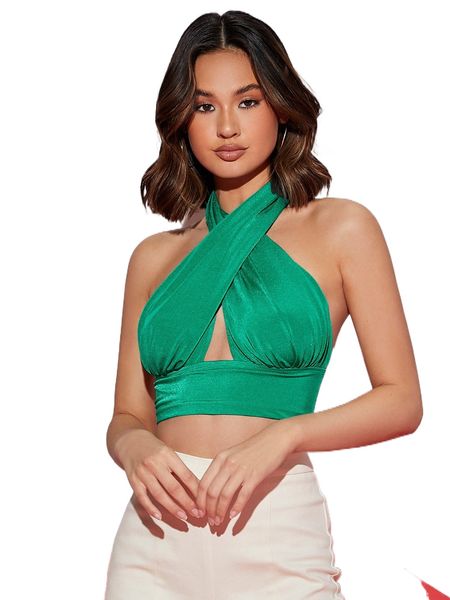 

club solid backless halter crop g4xp#, White