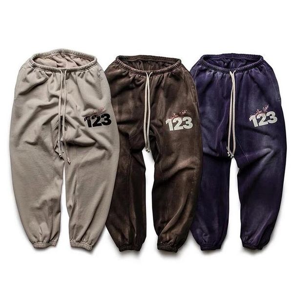 

set vintage puff print sweatpants men women 1 quality drawstring washed pants trousers, Black;brown