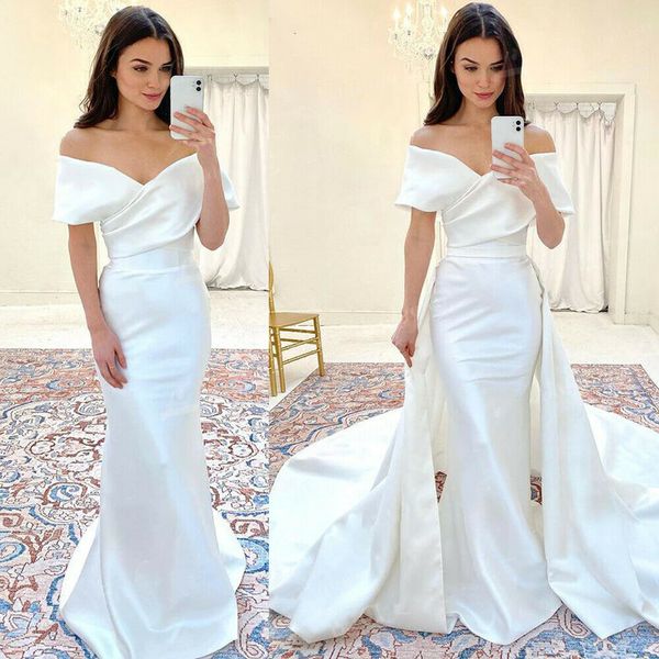 

soft satin mermaid wedding dress with detachable train 2022 off shoulders garden beach church wedding gowns elegant vestidos de noche robe, White