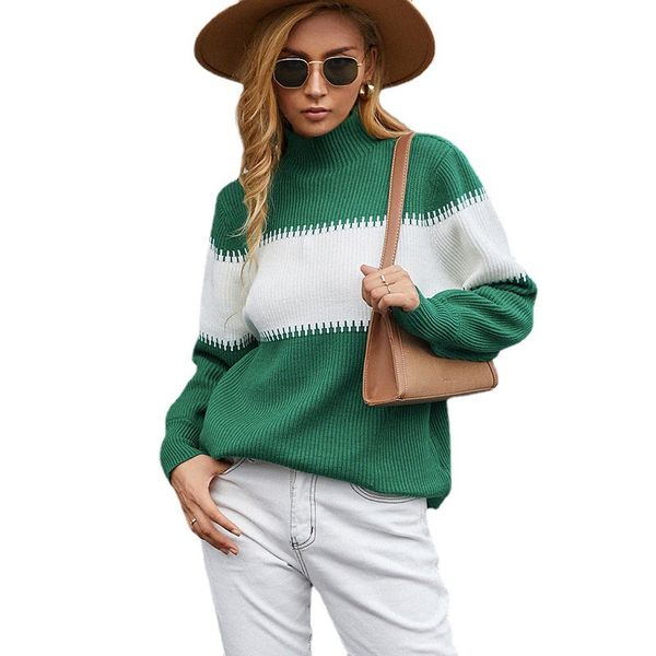 

casual striped women sweater turtleneck lantern sleeve pullovers fashion jumper knitted autumn winter clothes cashmere sweater, White;black