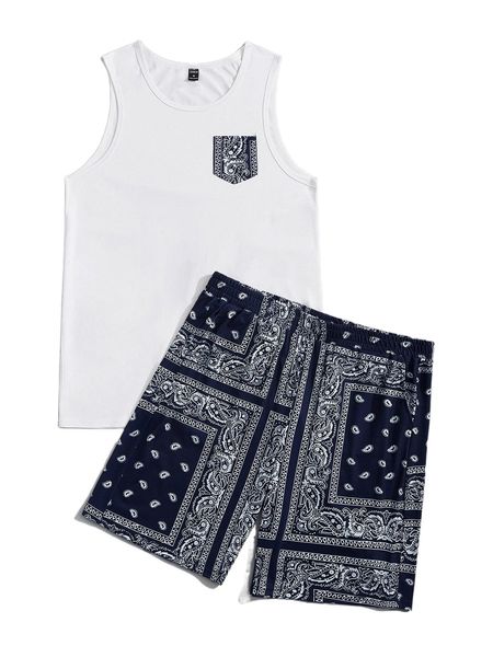 

men paisley print patched pocket tank & shorts set g6di#, Gray