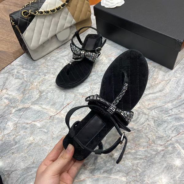 

senior designer ladies classic leather buckle sandals herringbone rhinestone butterfly buckle beach travel outing dress shoes, Black