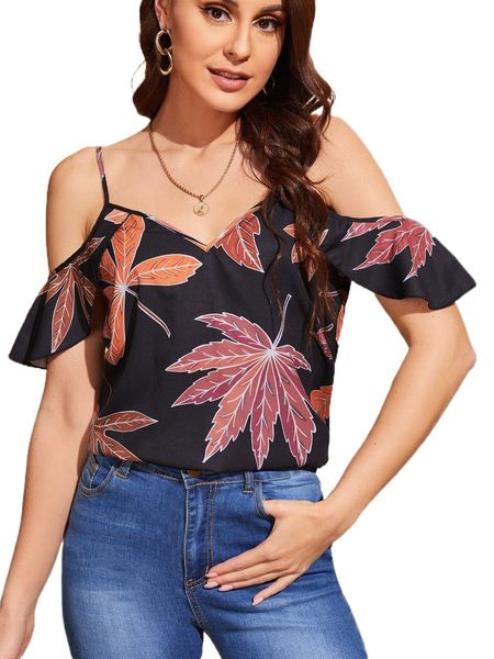 

leaf print cold shoulder 88dt#, White
