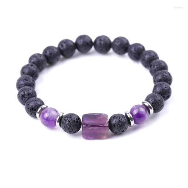 Perlenstränge, versilbert, geometrische Form, Amethyste, Kristall, verbinden schwarze Lavasteinperlen, elastisches Armband, Modeschmuck, Fawn22