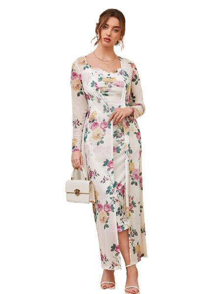 

floral mesh open front coat & ruched bodycon dress p4sr#, White