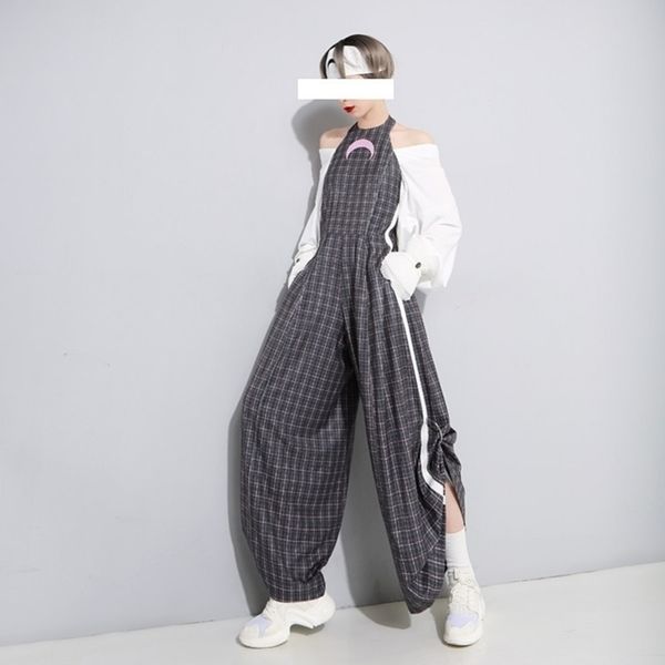 

johnature new harajuku embroidery plaid wide leg jumpsuits high street plus backless sleeveless women full length jumpsuits y200904, Black;white