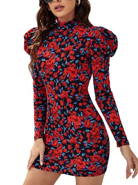 

allover floral print gigot sleeve bodycon dress k6z7#, Black;gray