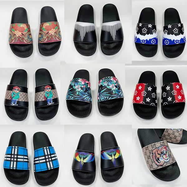 

luxury brand slides slippers designer shoes flower print slide summer wide flat leather rubber flats sandals indoor outdoor sneaker size 36-, Black