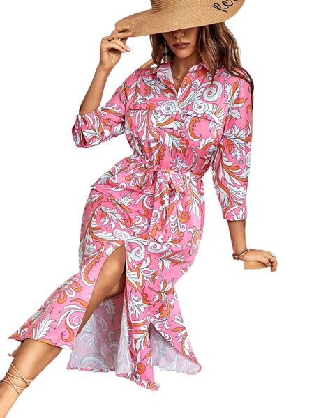 

scroll print split thigh belted dress i5y3#, Black;gray