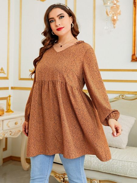 

plus dalmatian print lantern sleeve frilled neck blouse r3fy#, Black
