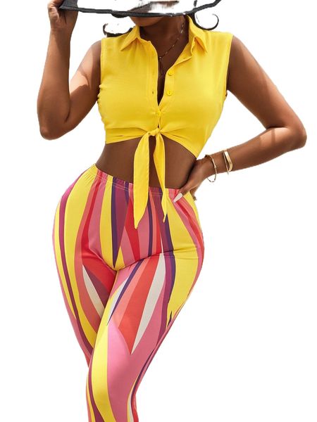 

button front tie front & colorblock leggings d5gw#, White