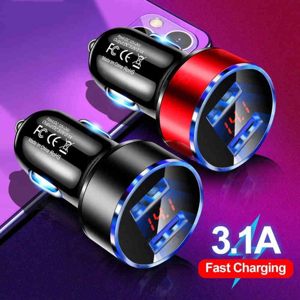 

3.1a led display dual usb car charger universal mobile phone aluminum car-charger for huawei xiaomi samsung iphone 11 pro max w220328
