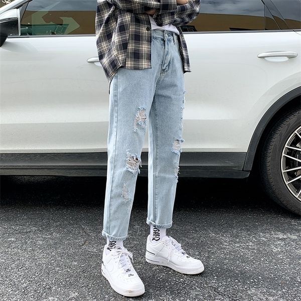 

summer slim fit jeans for mens streetwear korean designer regular distressed denim slim homme pants hip hop hole jeans trousers 220627, Blue