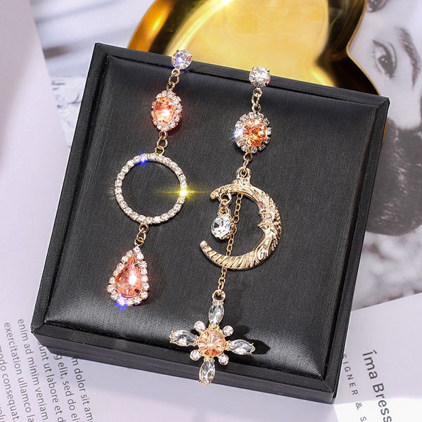 

925 silver needle european and american beautiful asymmetric rhinestone earrings korean long tassel earrings personalized moon eardrop for, Golden