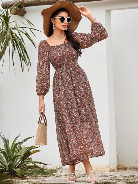 

allover floral print lantern sleeve shirred dress 02jc#, Black;gray