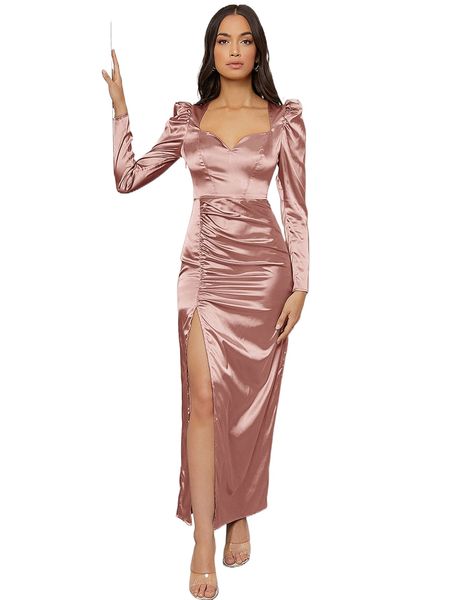 

gigot sleeve ruched split thigh satin dress f9tz#, Black;gray