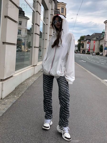 

women's jeans designer aw dawangjia 22 spring and summer new all over lettered high waist wide leg fashionable versatile pants s2wl, Blue