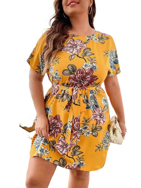 

plus floral print belted dress v3ji#, Black