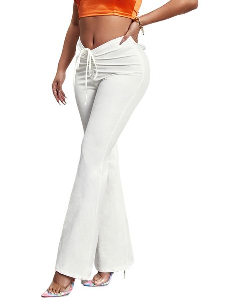 

drawstring front flare leg pants 22we#, Black;white