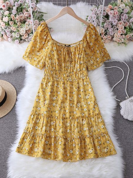 

plus ditsy floral tie front ruffle hem dress b1cj#, Black
