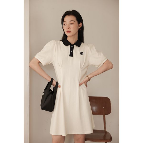 

spring slimming embroidered waist polo dress, Black;gray